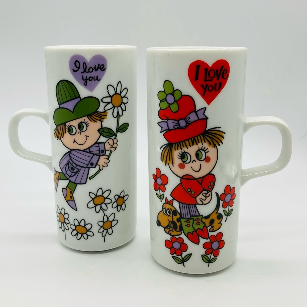 Pair Vintage Royal Crown ARNART SMUG MUGS by Kitty I LOVE YOU Mugs